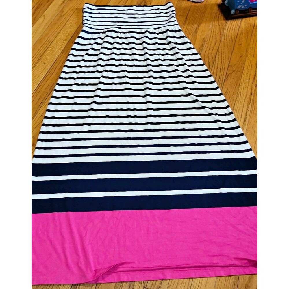 Cynthia Rowley Women’s Sz XL Striped Maxi Skirt White Navy Pink Pull-On Elastic